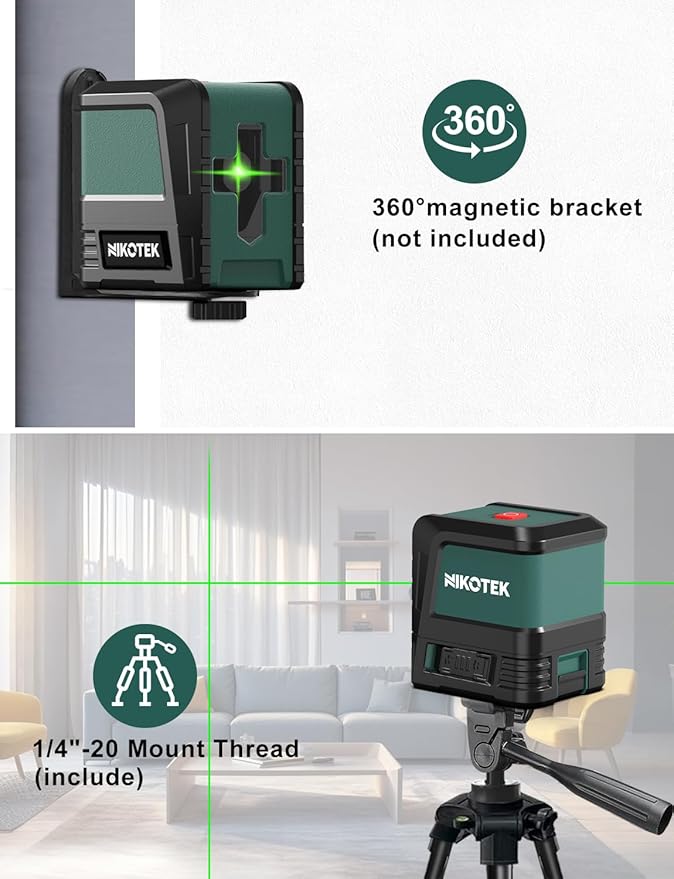 Laser Level Self-Leveling Green Beam Horizontal and Vertical Crossline Laser for Home Decor Carrying Pouch, Tripod Battery Included (NK02G with 47 Inch Tripod)