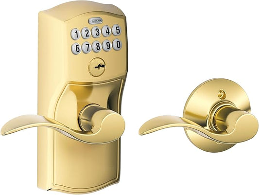 Schlage FE575 CAM 505 ACC Camelot Keypad Lock with Accent Lever, Auto-Lock, Electronic Keyless Entry, Bright Brass