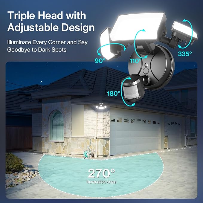 60W Motion Sensor Outdoor Lights, 6000lm Dusk to Dawn Flood Lights Outdoor Motion Sensor, IP65 Waterproof LED Security Lights Motion Outdoor, 6500K Motion Detector Lights for Outside, Yard (Black)