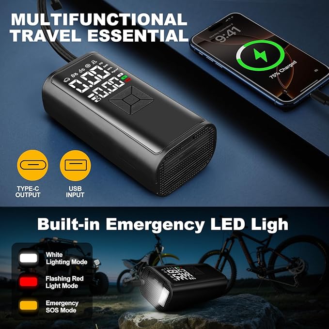 Tire Inflator Portable Air Compressor, 150 PSI Air Pump For Car Tires with Digital Pressure Gauge, Cordless Pump with LED Light and Auto Shut-Off Function, Suit for Car,Motorcycle,Bicycle,Balls & More