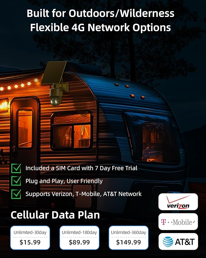 Solar Security Cameras Wireless Outdoor, 4G LTE Cellular Security Cameras for Home Security, 360° PTZ Surveillance Camera with PIR, Color Night Vision, 2-Way Talk, IP66 Waterproof, Work with Alexa