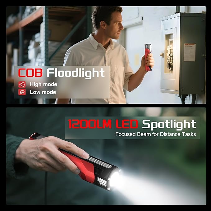 Anhay Rechargeable Work Light, 1200 Lumens LED Work Light with 160° Swivel Head, Magnetic Base & Hooks, 6 Lighting Modes Magnetic Work Light for Car Repairs, Emergencies, and Power Outages