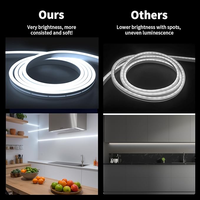 iNextStation 12V White LED Strip Lights 16.4FT, Flexible Silicone Neon Rope Light, Waterproof, Cuttable, Dimmable & Linkable, for Cabinet, Ceiling, Wall, Bedroom, Kitchen, Garage (No Adapter)