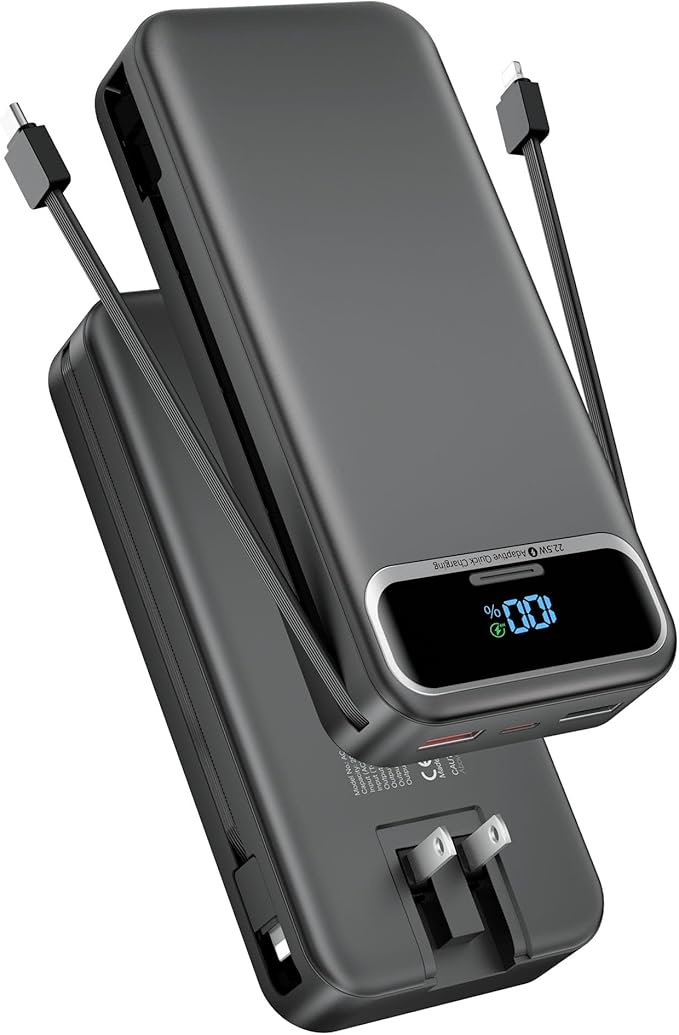 Portable Charger Power Bank with Built in Cables and AC Wall Plug,PD20W&SCP22.5W USB-C Super Fast Charging,20000mAh Travel Phone Charging,LED Display Battery Pack Compatible All iPhone Samsung etc