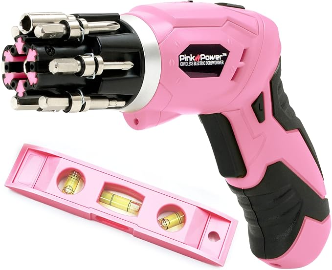 Pink Power Cordless Electric Screwdriver Set - 4V Rechargeable Pink Cordless Screwdriver Set for Women with Bubble Level and LED Light - Small Screwdriver Set with Pivotal Handle and Fold-Out Bits