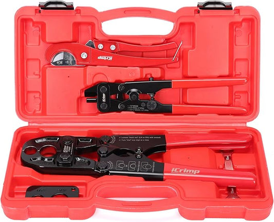 iCrimp Combo Pex Pipe Crimping Tool Kit for 1/2 and 3/4-inch Copper Ring, meets ASTM 1807, Copper Ring Crimper, Removal Tool and Pex Tubing Cutter