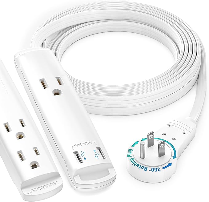 Extension Cord with USB Ports 10FT, 360° Rotating Flat Plug Extension Cord, 3-Outlet with USB Ports (2 Ports), 3 Prong Extension Cord, Grounded Extension Cord (White) UL Certified