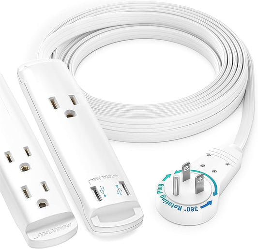 Extension Cord with USB Ports 12FT, 360° Rotating Flat Plug Extension Cord, 3-Outlet with USB Ports (2 Ports), 3 Prong Extension Cord, Grounded Extension Cord (White) UL Certified