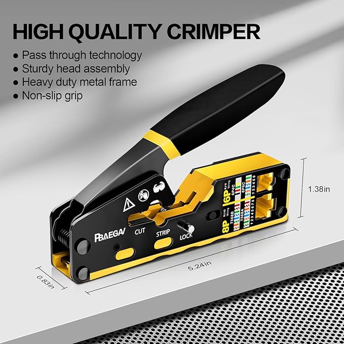 RJ45 Crimp Tool Pass Through Crimper RJ45 Crimping Tool Stripper Cutter Crimper for 8P RJ45 Cat5 Cat5e Cat6 6P RJ11/12 Telephone Connectors Network Enthernet Crimper kit (1)