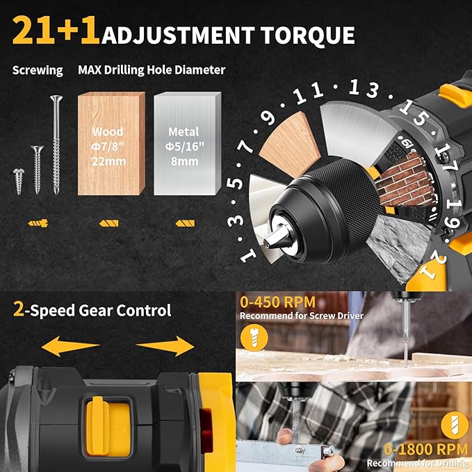 Compact Brushless Power Drill Set,60N.m Cordless Drill Tool Box with 2 Battery & 3/8”Keyless Metal Self-locking Chuck,138Pcs Men Handheld Tool Drills Kit,Taladro Inalámbrico for Home Repair Set