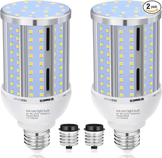 60W LED Corn Light Bulb(2 Pack),(600 Watt Equivalent) Fanless E26/E39 Medium/Large Mogul Base LED Cob Lamp 5000K Daylight 6,900LM for Outdoor Indoor Garage Warehouse Factory Workshop Street Backyard