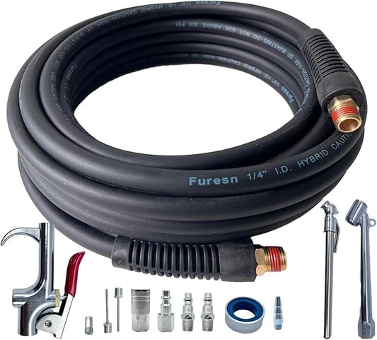 Air Hose 1/4 in x 30 ft, Hybrid Air Compressor Hose Kit with 1/4 in NPT Male Threads, 13 Piece Air Tool & Air Compressor Accessories Kit, Bend Restrictors, 300 PSI (Black, 30FT-13 Pieces)