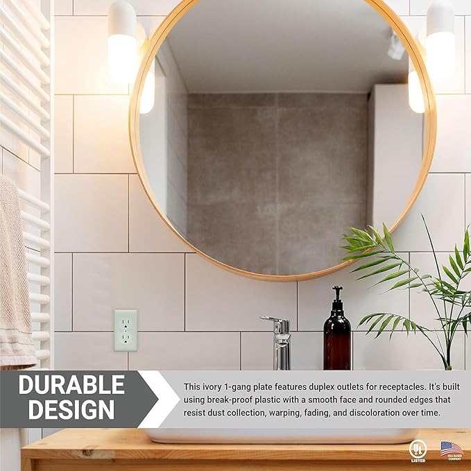 Diodesy- 1-Gang Duplex Receptacle Outlet Wall Plate Unbreakable Plastic Faceplate Cover Standard Size 4.5"H x 2.8"W with 1 Matching Metal Screw Ivory Smooth Finish UL Listed Pack of 12