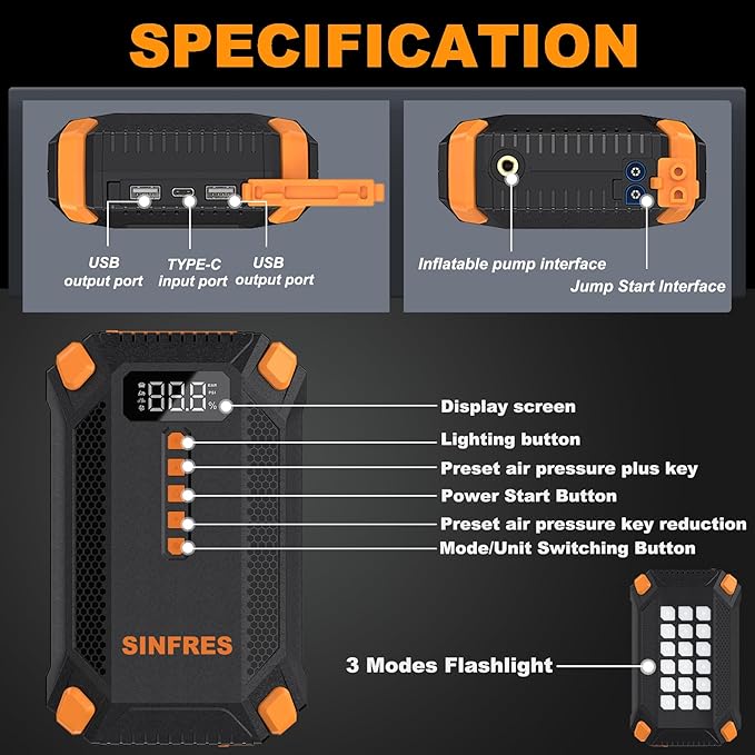Jump Starter with Air Compressor,Battery Jumper Starter Portable, 150PSI Tire Inflator, 12V Jump Box, LED Flashlight, LCD Display for 9L Gas & 8L Diesel Engines, Car, SUV, Truck