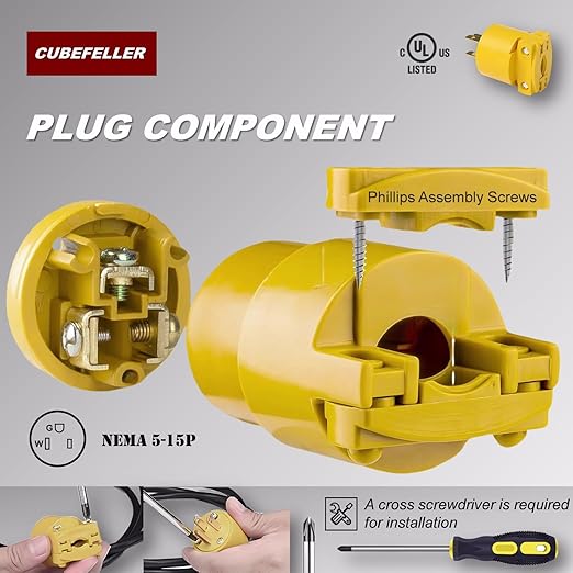 CUBEFELLER® Electrical Replacement Plug & Connector Set, Extension Cord Ends Male and Female, 3 Prong, 15Amp, 125Volt, NEMA 5-15P & NEMA 5-15R, UL Listed,1 Set,Comes with a Screwdriver,ER0105S