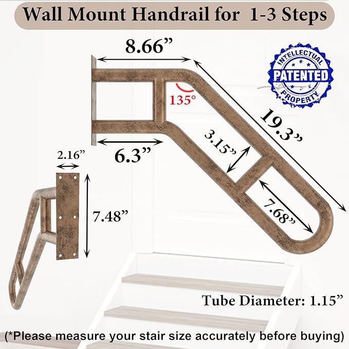 2 Pack Hand Rails for Outdoor 1-3 Steps, 27" Bent Wall Mount Handrail, Antique Metal Stair Handrails, Grab Bars with 2 Anti-Skid Crossbar for Garage Porch Stairs for Elderly Kids Disabled
