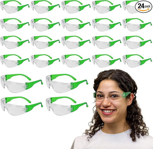 BISON LIFE Clear Lens Green Temple Safety Glasses BULK Case Pack 24 Pairs | ANSI Z87, Impact & Scratch Resistant, Clear Safety Glasses for Men and for Women, One Size, Adult, Youth