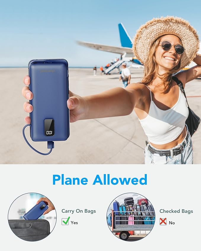 Charmast Portable Charger with Built-in Cables and Plug, 10000mAh USB C Power Bank Fast Charging 15W, External Battery Pack Slim, Travel Essentials Compatible with 16 15 14 13, Samsung Galaxy, iPad