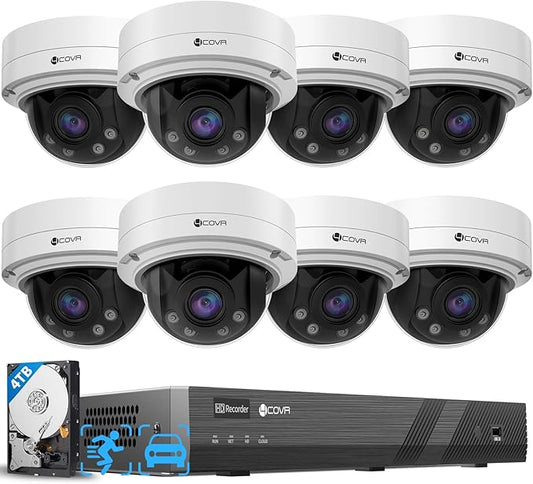 4COVR 16 Channel Security Camera System for Business, 8Pcs 4X Optical Motorized Zoom IK10 Vandal-Proof 5MP Wired PoE IP Dome Camera IP67 Outdoor Human Vehicle Detection, 4K NVR 4TB HDD, LY57BA5M1608