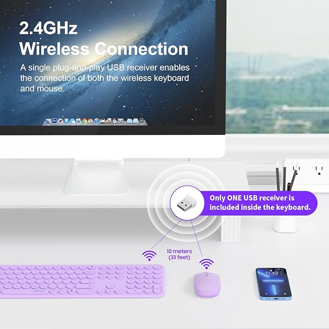 Cute Wireless Keyboard and Mouse Combo Slim 2.4GHz USB Cordless Full Size Silent Retro Keyboard and Mouse Set for PC Computer,Laptop,Windows,Mac,Tablets（Upgraded Violet）