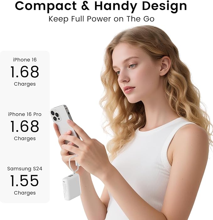 LUCKYDUO Small Portable Charger, Fast charging 22.5W Slim Power Bank 10000mAh with Built-in Cables, LED Display USB-C Mini Battery Pack Travel Essential, Compatible with iPhone, Samsung,Android, White