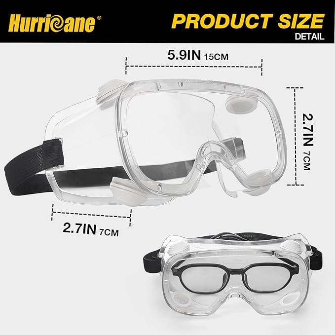 HURRICANE 2 Pack PVC safety goggles, UV400 transparent lenses, with white air valve, anti-fog function, adjustable elastic band