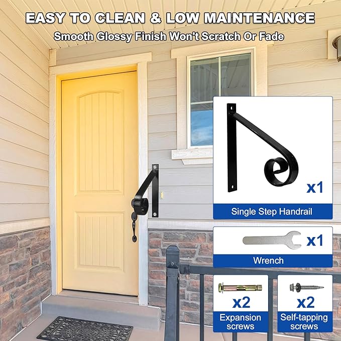 12inch Handrail for Outdoor Steps,1 Step Stair Handrails-Wall Mounted Wrought Iron Hand Railing-Powder Coated Carbon Steel-Metal Art Single Step Handrail-Step Grab Rail for Indoor Outdoor Stair Step