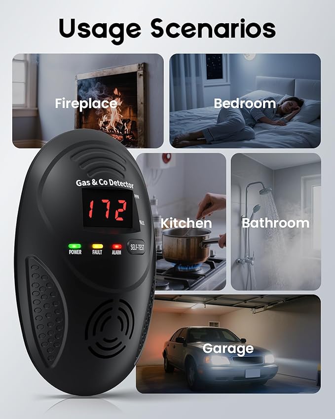 Carbon Monoxide Detectors and Natural Gas Detector, Carbon Monoxide Detectors Plug in, Gas Leak Detector with Dual Sensors - Natural, Propane, Co Leak Detection for Home, RV Essentials, Black, 1Pcs