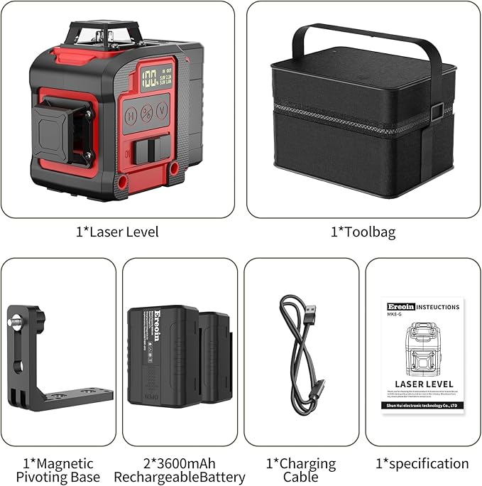8 Line Laser Level 2×360° Leveling Green Laser Self Level Tool，200ft 2D Green Line Cross for Leveling Tool for Construction and Picture Hanging，Laser measurement calibration Tool Kit