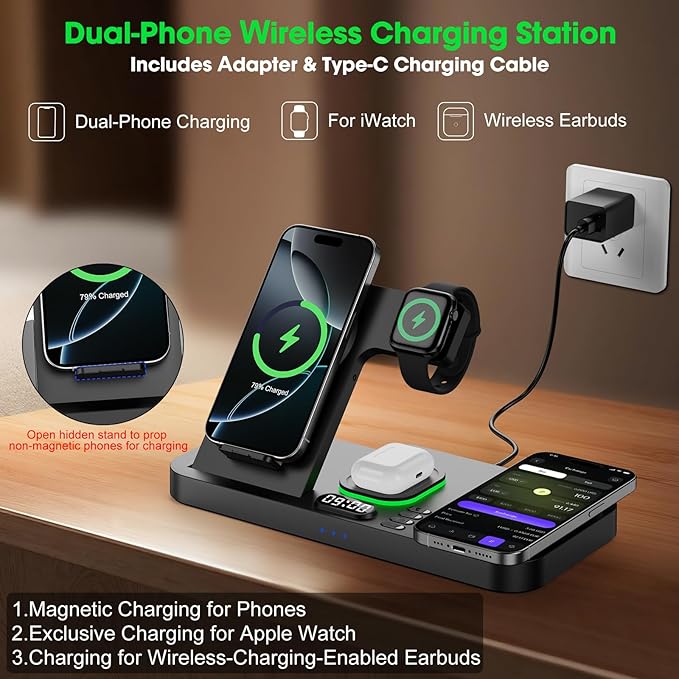 Dual Phone Wireless Charging Station for Apple Devices, Magnetic Charging Station for iPhone with Auto Switch 7-Color Light&Clock, Family Watch Charger for iPhone17 for iWatch10 for AirPods Pro3(Black