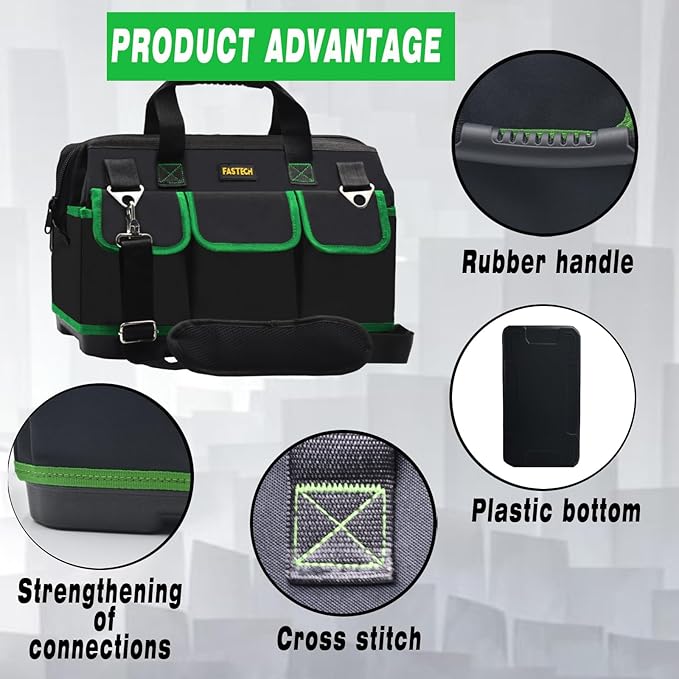 20 Inch Tool Bag, Waterproof Wide Mouth Tool Kit, Heavy Duty Tool Bag Organizer With Shoulder Straps and Molded Base, Tool Storage Package For Screwdrivers, Pliers, Nut Drivers (Green20IN)
