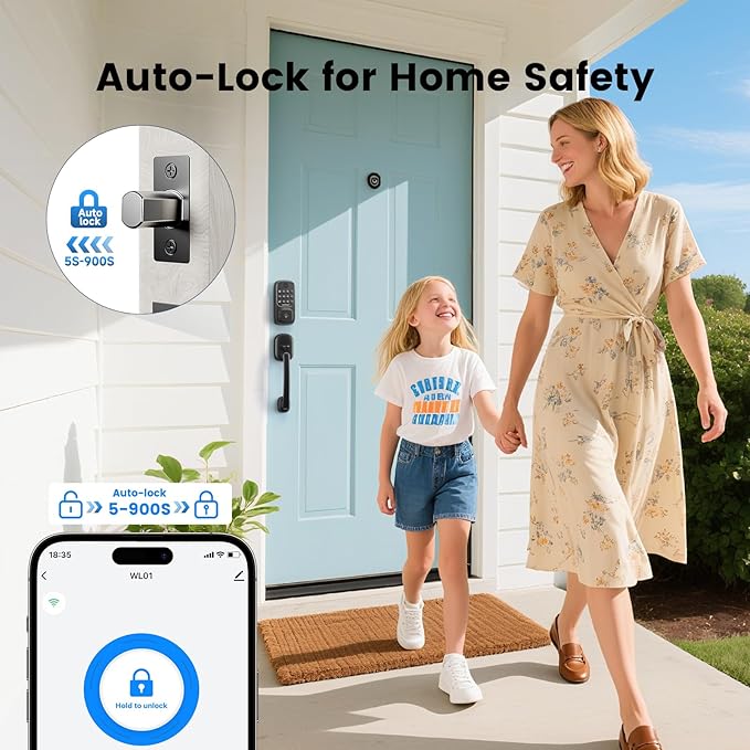 Smart Door Lock with Handle, Keyless Entry Door Lock Deadbolt Handle Set, Built-in WiFi Deadbolt Smart Lock for Front, Fingerprint, Keypad Code, App Control, Voice Control (Black)