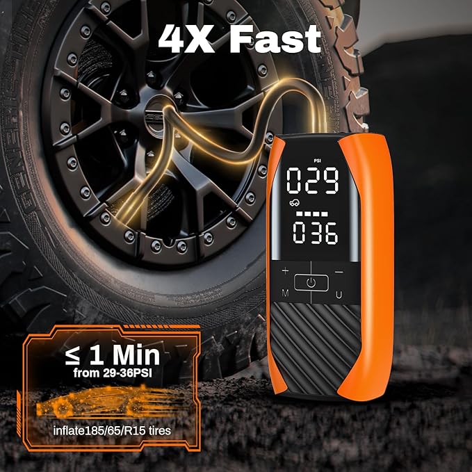 K1 Tire Inflator Portable Air Compressor,4X Faster 20000mAh Cordless Air Pump with Pressure Gauge,150 PSI Wireless Car Tire Inflator, Portable Air Pump for Car Tires, Bikes, Motorcycles,Balls