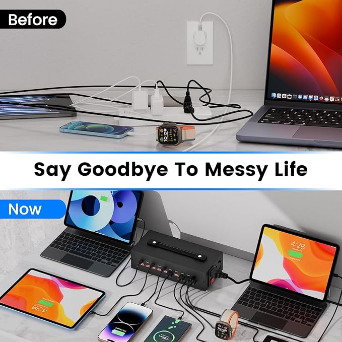 Portable USB~C Charger Block, 200W(20A) 20 Port (10 A & 10 C Port) Home Fast Charging Station for Multiple Devices, Desktop USB Wall Charger Compatible with iPhone, iPad, Kindle, Tablets, Watch