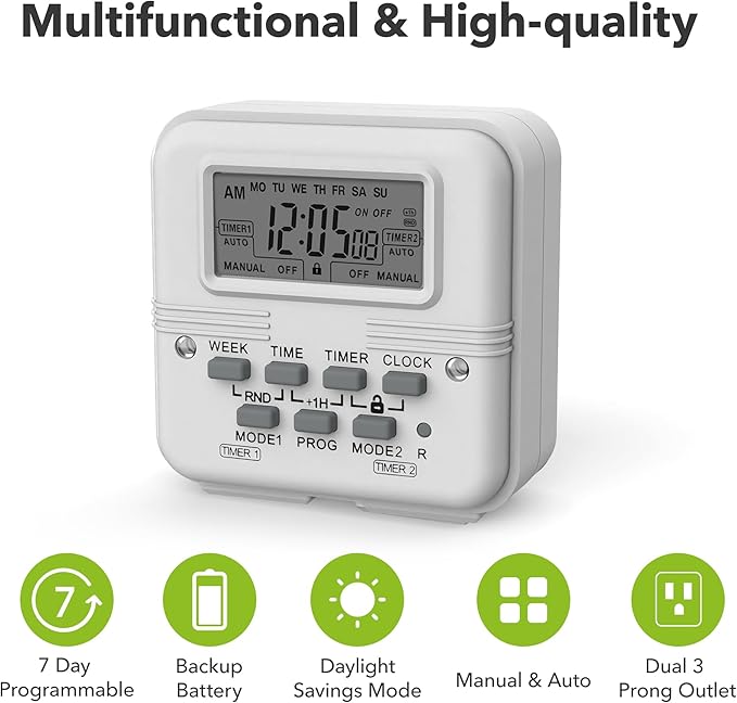 BN-LINK Digital Timer Outlet 7 Day Programmable Digital Outlet Timer with 2 Independent Outlets 3-Prong Mini Indoor Easy Set Stackable Plug-in for Lights Lamps Fans Accurate 8A/1000W 1/3HP