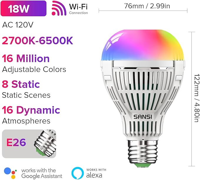SANSI Smart Light Bulb, Full Color Changing Dimmable Smart WiFi Bulbs Compatible with Alexa and Google Home, A21 18W 150W Equiv. 2000 Lumens Bright RGB Bulb, 2.4Ghz only No Hub Required