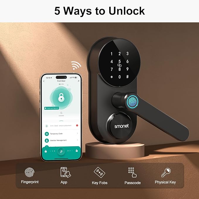 Keyless Entry Door Lock with Handle: SMONET WiFi Smart Locks for Front Door Keypad Lever with Fingerprint App Remote Control 2-Pack,Black