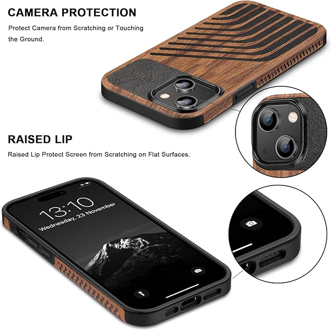 TENDLIN Compatible with iPhone 15 Case Wood Grain with Carbon Fiber Texture Design Leather Hybrid Slim Case (Hairline)