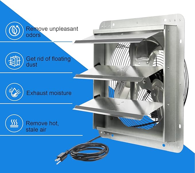 JPOWER 14 Inch Shutter Exhaust Fan, Gable Vent Fan, Wall Mount Ventilation, High Speed 1950 CFM, Automatic Aluminum Blades, for Garages, Shop, Greenhouse, Attic, with Power Cord