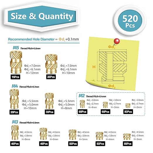 Kadrick 520Pcs M2 M3 M4 M5 Threaded Inserts Assortment Kit for 3D Printing Components, Metric Brass Knurled Nuts, Insert by Heat into Plastic Parts