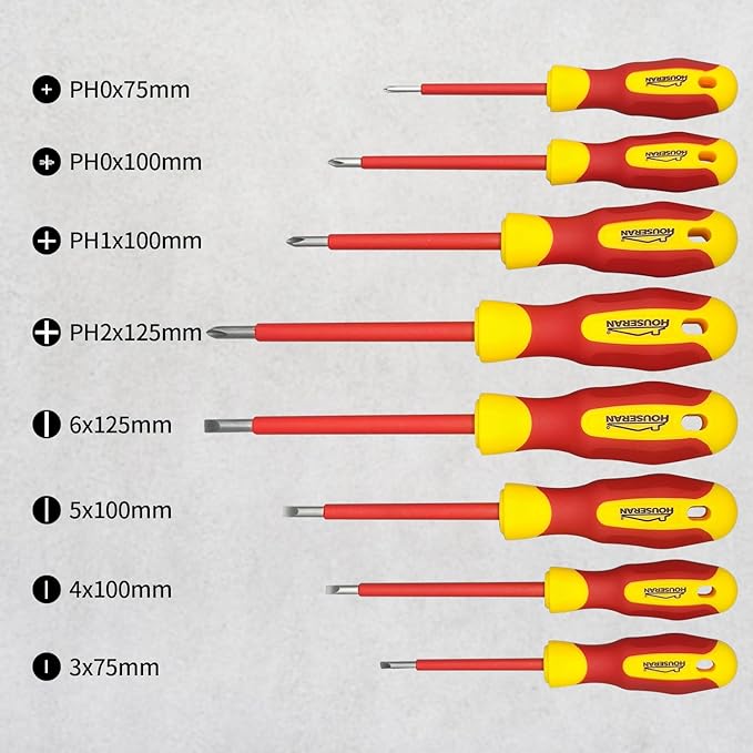 Insulated Screwdriver Set with Case, HOUSERAN 8-Piece Heavy Duty Phillips and Slotted Screwdriver Set, 1000 Volt, Magnetic Tips Screw Driver, Screwdrivers, Ideal for Electricians and Terminating Jobs