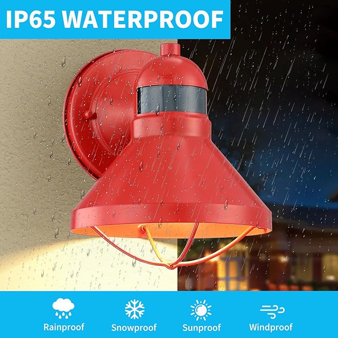 LONEDRUID Motion Sensor Outdoor LED Wall Sconce Dusk to Dawn Exterior Barn Lighting Fixtures Red Outside Porch Light Waterproof Farmhouse Wall Mount Lamp for House Garage Entryway
