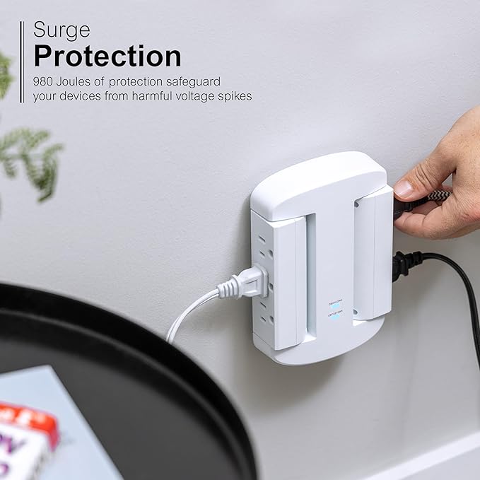 GE 6-Outlet Extender, Surge Protector, Swivel Side Access, Wall Tap Adapter, 3-Prong, 980 Joules, ETL Listed, White, 81781