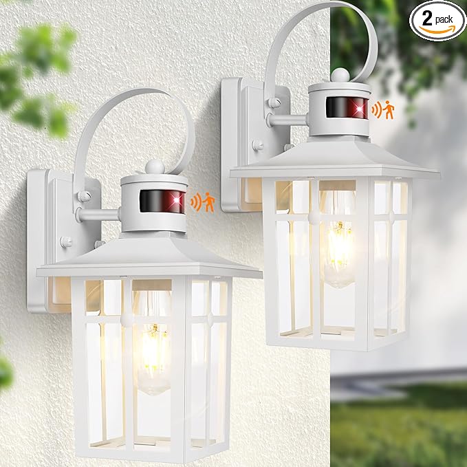 White Porch Light Fixture, 2-Pack Motion Sensor Outdoor Sconce Lights, Aluminum Outdoor Lanterns for Patio Waterproof, ETL Listed Dusk Till Dawn Outside Light Fixture for House, Porch, Front Door