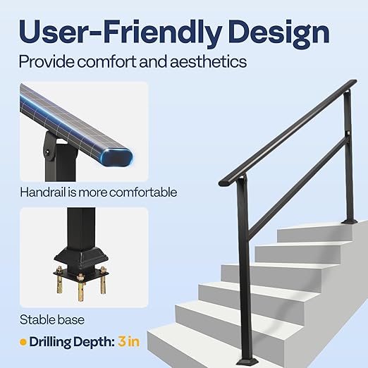 VIVOHOME 2-Pack 6 Step Hand Rails for Outdoor Steps, Galvanized Steel Railing, Black Oval Exterior Hand Railing for Porch, Deck, or Indoor Stairs, Railing Kit