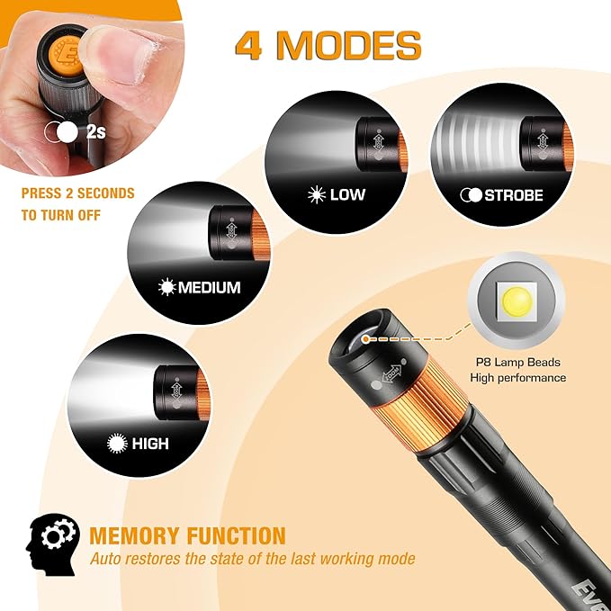 EverBrite Rechargeable Pen Light, 300 Lumens EDC Flashlight, Zoomable LED Pocket Flashlight with Clip, Memory Function and USB C Cable Included, for Camping, Emergency, Black