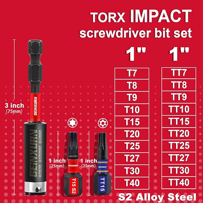20 Pieces 1 In. (T7-T40) Impact Screwdriver Bit Set,Magnetic Multi-Torx Head Insert Bits, S2 Alloy Steel Star Bits with 1 Pc Impact Bit Holder and Storage M-Box