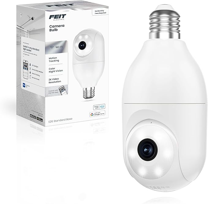 Feit Electric Smart Security Camera Bulb, 2K QHD Resolution, 2-Way Audio, Human Tracking, 350° Pan, Night Vision, Motion Alerts, E26 Base, Alexa/Google Assistant Compatible, CAM/PAN/WIFI/E26/2K