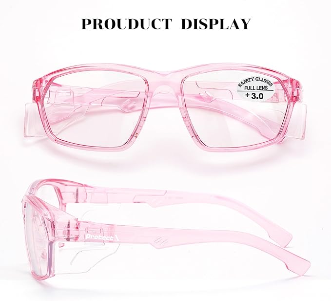 ProtectX Stylish Anti-Fog & Scratch-Resistant Safety Glasses With Readers, UV Protection Goggles, Anti-Impact Lightweight Glasses for Men＆Women Pink Reading 3.0