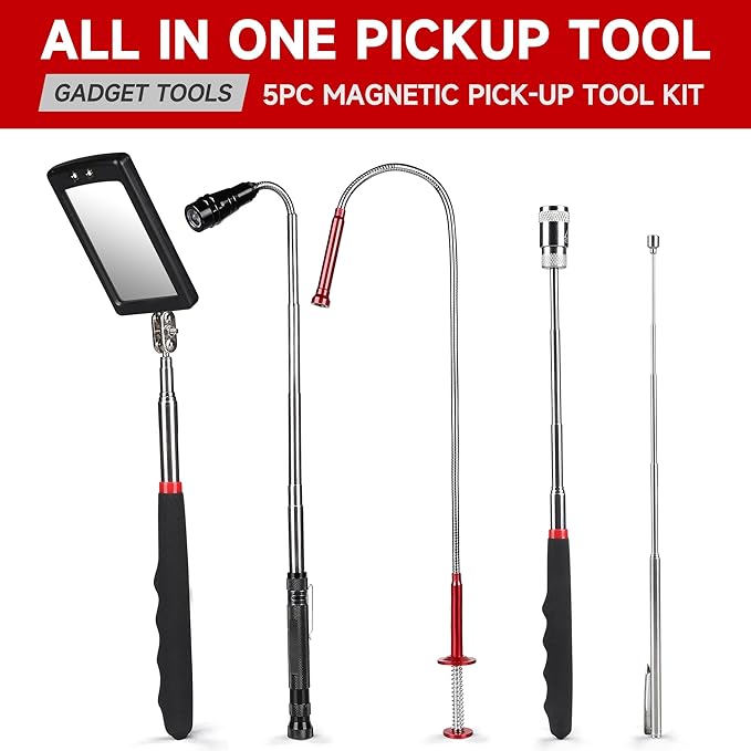 5-Piece Magnetic Pickup Tool Kit - Great Gift for Mechanics - Auto Repair & DIY - Find Nuts/Bolts/Screws - Includes 1lb & 10lb Telescoping Magnets - 360°Mirror & LED Light for Workshop Use